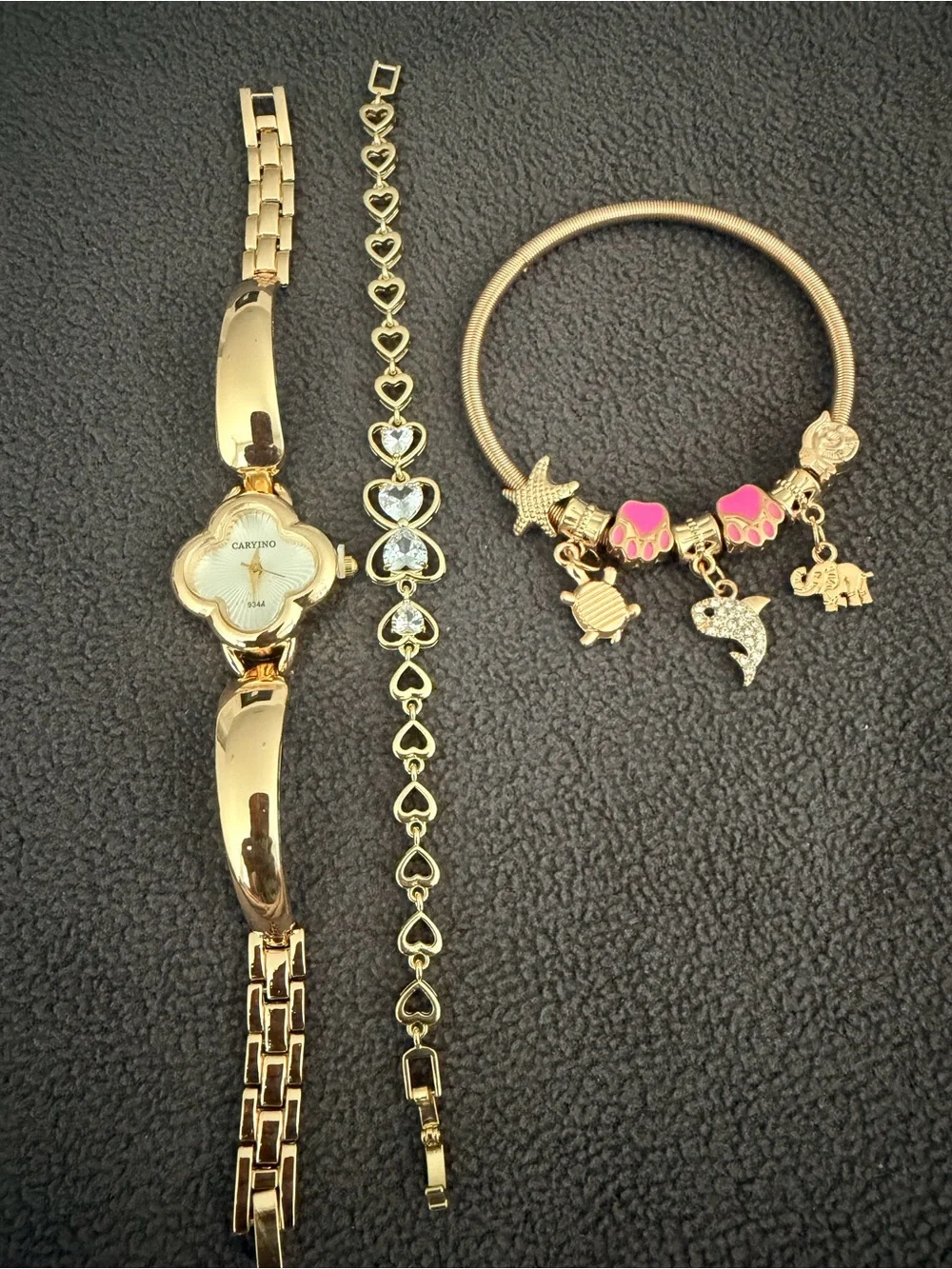 Gold Tone Women's Charm Bracelet and Watch Set